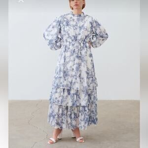 Blue & White Floral Tiered Maxi Dress